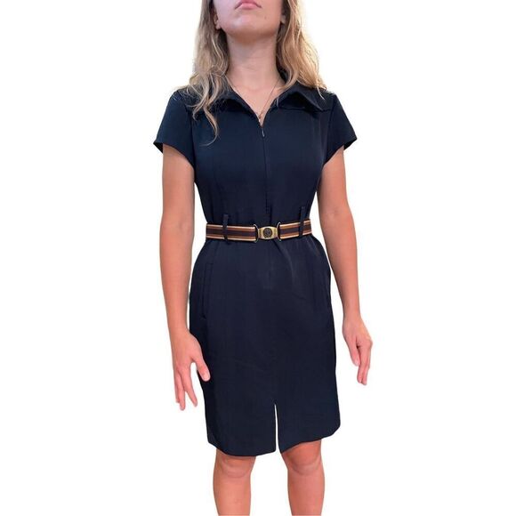 Vintage Navy Blue Structured Dress - 6 Petite - Pleated Detail - Picture 1 of 7